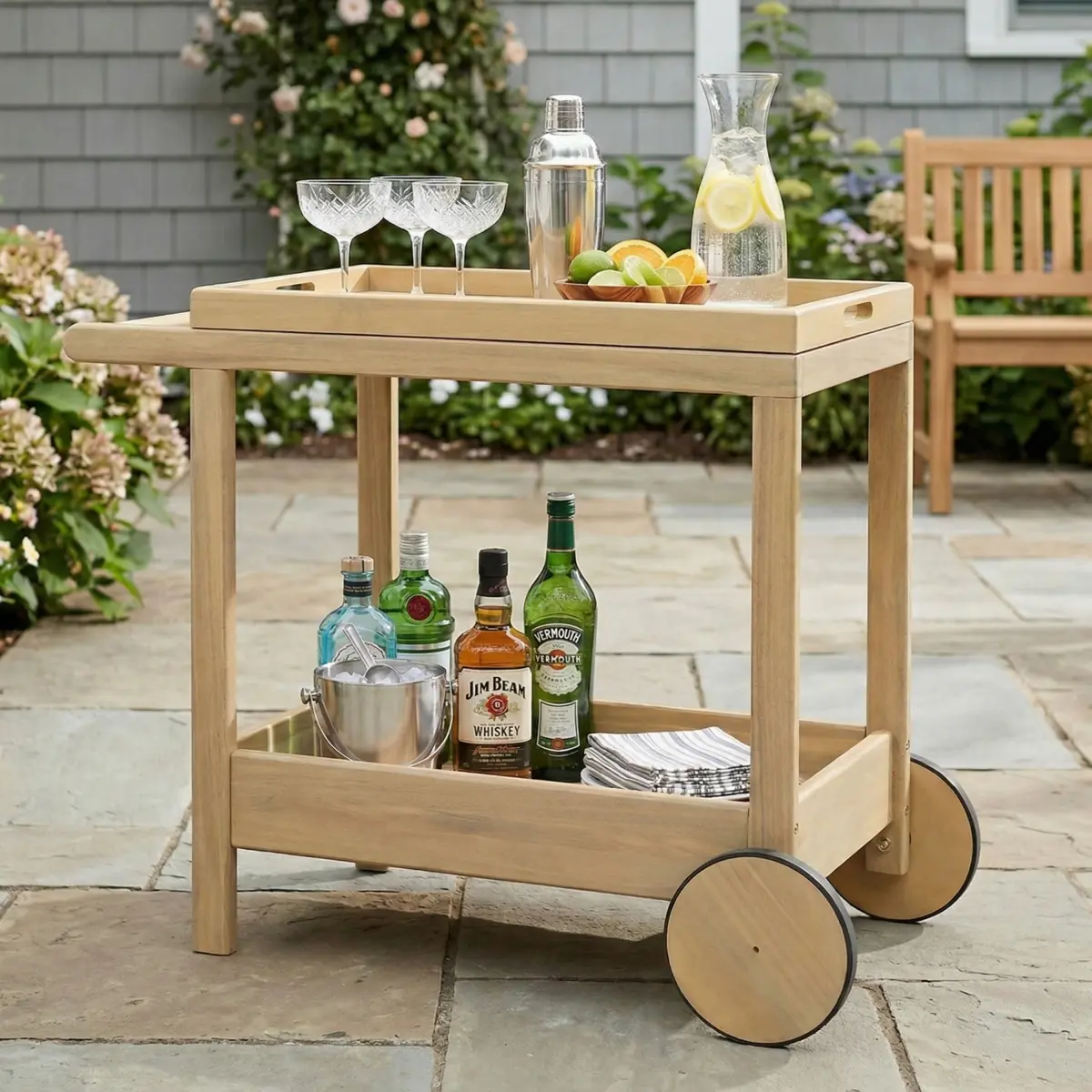 Natural Acacia Wood Outdoor Rolling Bar Cart, 2-Tier Mobile Serving Trolley with Ergonomic Handle and Wheels, Weather Resistant Wooden Beverage Cart for Patio Yard Poolside Outdoor Gathering