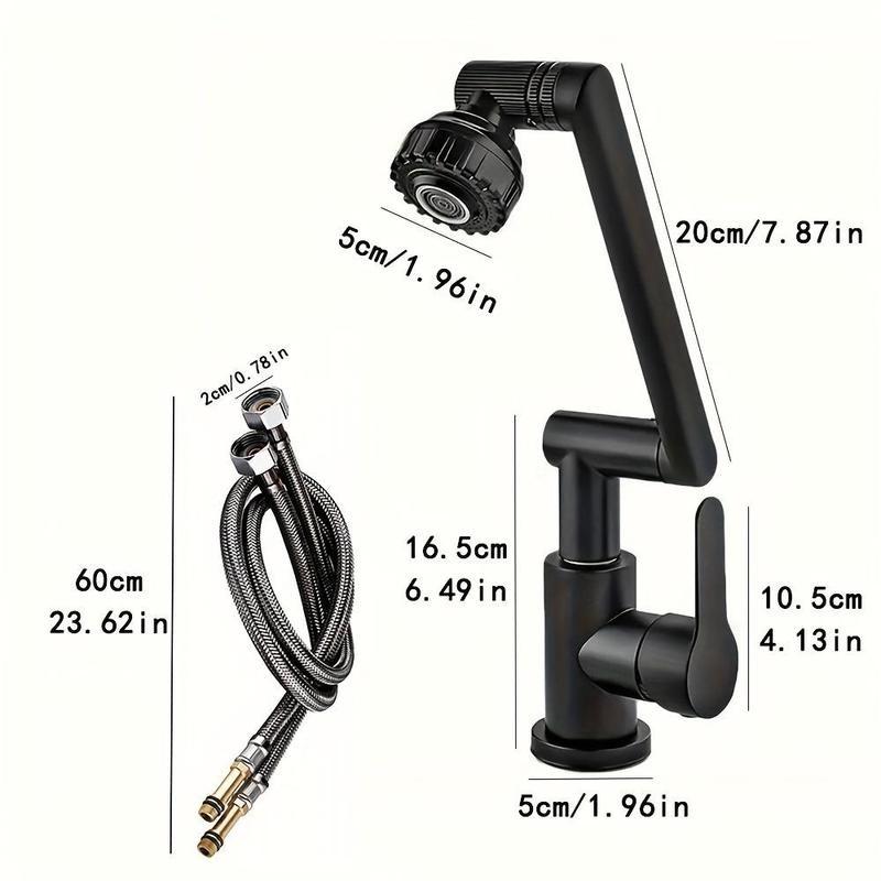 Rotating Bathroom Sink Faucet, Adjustable Height Single Handle Single Hole, 2 Spout Types and 2 Soft Hoses, Basin Rotating Faucet