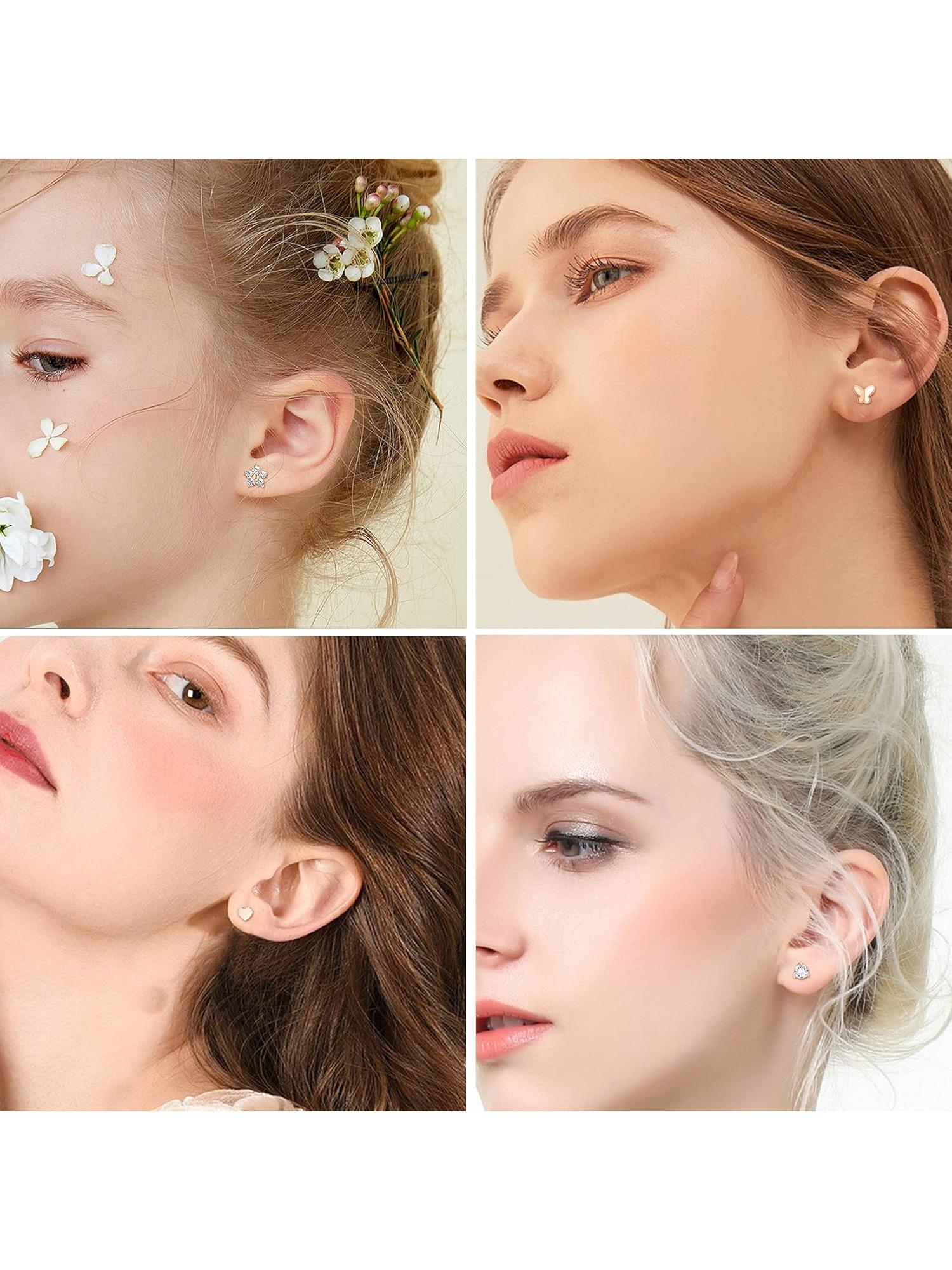4 Pairs Silvery Stud Earrings Set for Women Heart CZ Butterfly Flower Stud Earrings Hypoallergenic Cubic Zirconia Cartilage Earrings Set