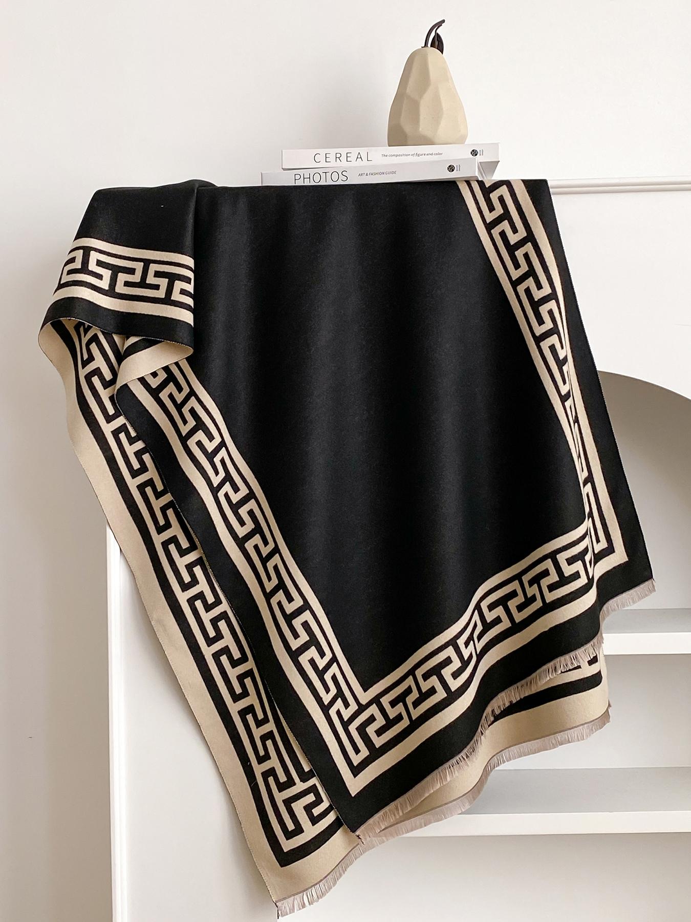 Geometric Print Textured Blanket Scarf with Fringe Trim, Soft Warm Shawl for Fall & Winter, Fashion Accessory for Women & Girls