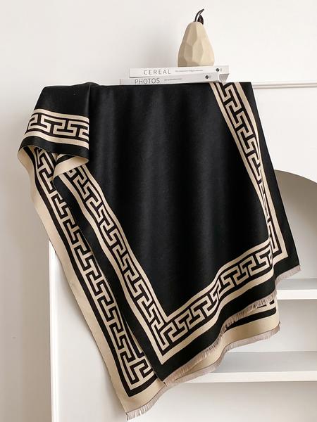 Geometric Print Textured Blanket Scarf with Fringe Trim, Soft Warm Shawl for Fall & Winter, Fashion Accessory for Women & Girls