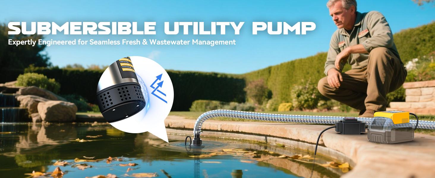 Cordless Submersible Water Pump Compatible with DeWalt 20V Battery(NO BATTERY!!), 1268GPH High Flow Sump Pump with 6.5ft Hose, for Swimming Pool Garden Draining