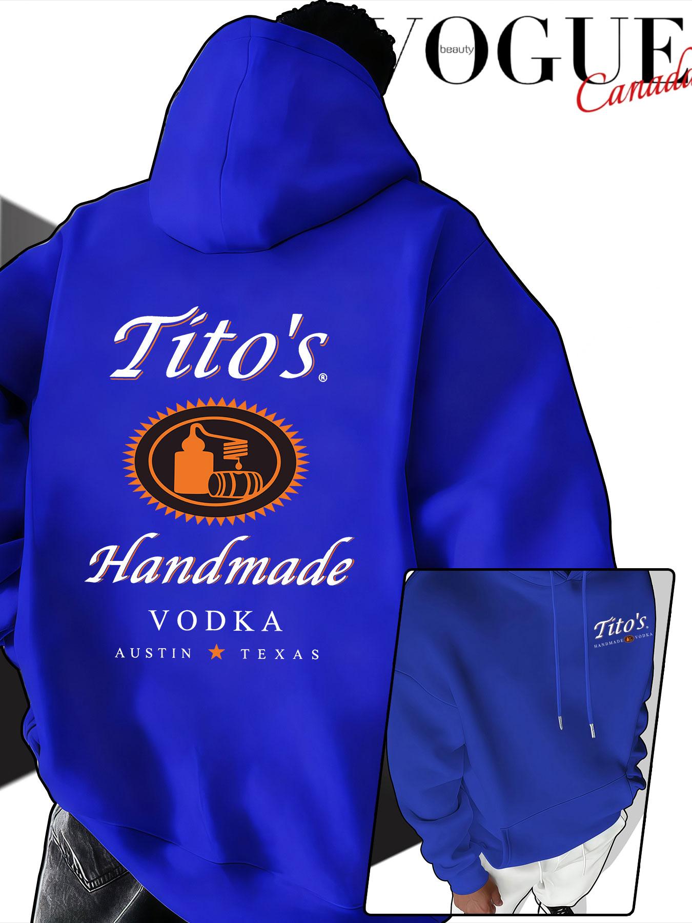 Men's Hooded Sweatshirt Fall & Winter, Tito's Handmade Vodka Print, American Vintage Loose Fit, Couples' Drop Shoulder Pullover