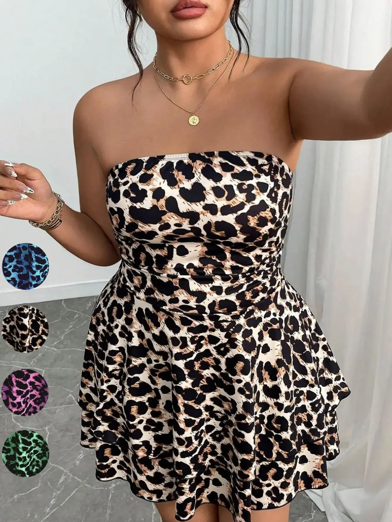 Women's Plus Size Leopard Halter Dress, Waist Cinched Ruffle Short Skirt, Sexy European Style Summer, Party Date Night Clubwear