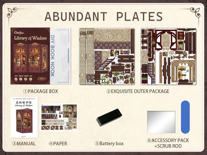 CUTEBEE Library of Wisdom DIY Miniature Book Nook with LED Lights Handmade Creative Toy Christmas & Black Friday Gift for Teens & Adults Home Shelf Decoration Dust Cover Model Boat Kit Miniature Set Building Blocks Set