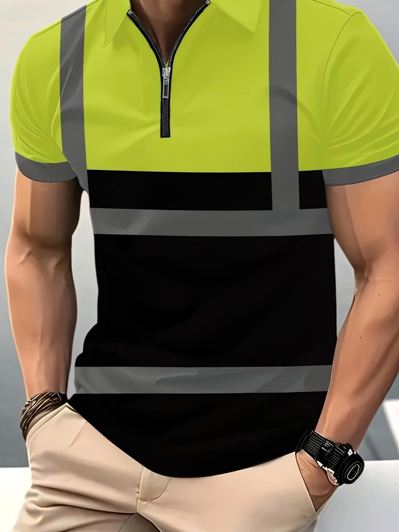 Men's High Visibility Reflective Polo Shirt, Half-Zip Short Sleeve Hi Vis Casual Work Shirt, Fluorescent Yellow & Black Safety Construction Workwear with Reflective Strips