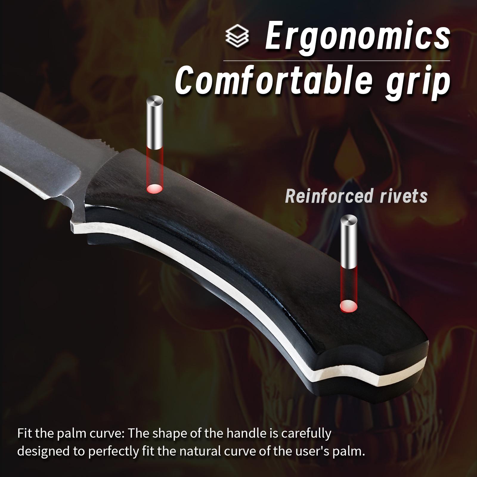 High-carbon steel knife A meat cleaver for professional .fruit cutting， It has a fixed blade and comes with a  sheath. The blade surface is stone-washed, making it sturdy and durable. The handle is comfortable and ergonomically designed, fathersdaygifts