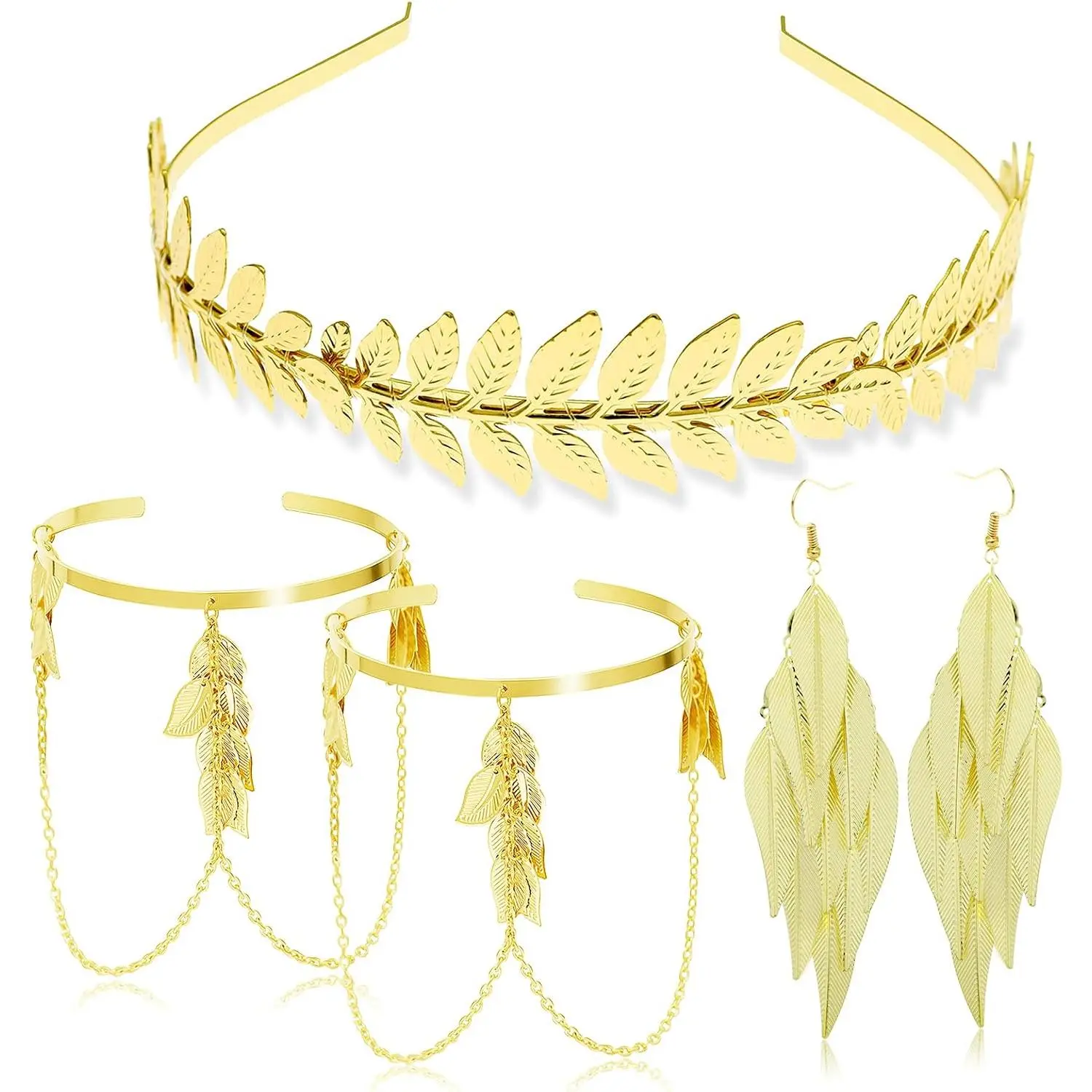 4 count Grecian Goddess Leaf Laurel Costume Accessories Set Roman Toga Party Headband Upper Arm cuff Bracelet Band Earrings  Women Golden