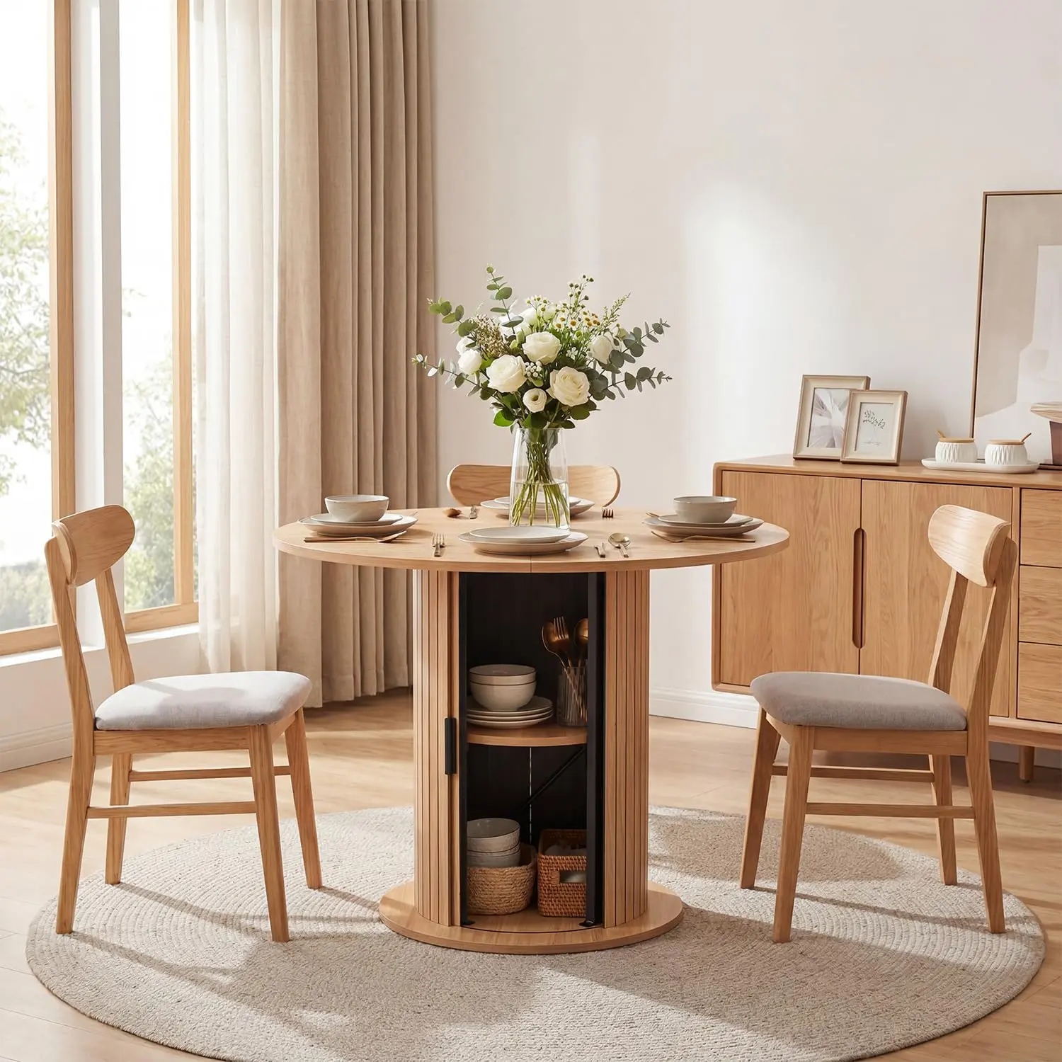 31.5-Inch Round Solid Wood Dining Table for 2 - Space-Saving Farmhouse Kitchen Table with Center Storage Column - Eclectic Style Compact Design for Apartment or Small Spaces