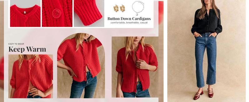 SCUSTY Women's Casual Long Sleeve Crewneck Button Down Cardigan Sweater Knit Outwear Loose Fit Solid Color Knitwear for Spring Fall