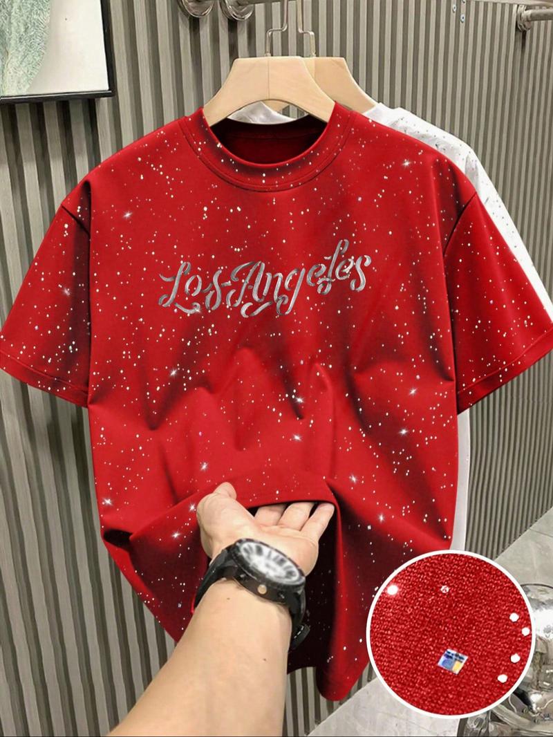 New Men's Short Sleeve T-Shirt, Fashion Starry Sky Reflective Craft, Letter Print Design, Sparkling Like Stars, Must-Have Casual