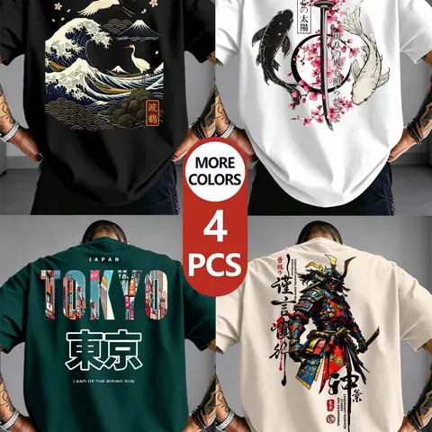 4-Pack Japanese Ukiyo-E Print T-Shirts, Long Sleeve, Loose Fit, Unisex, Street Style, Streetwear, Retro & Traditional Design, Tokyo Theme