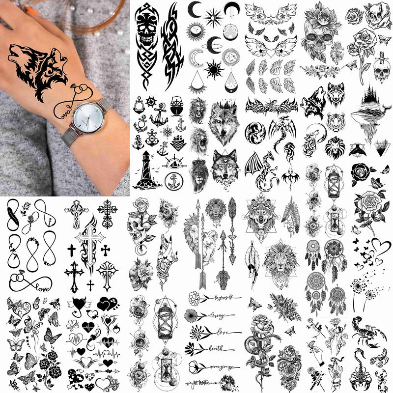 52 Sheets Creative  Black Temporary Tattoos - Assorted Designs of Crowns, Infinity, Triangles, Stars, Letters, Scorpions for Men & Women - Realistic Waterproof Adult Tattoo Stickers for Arm, Hand, Finger, Neck