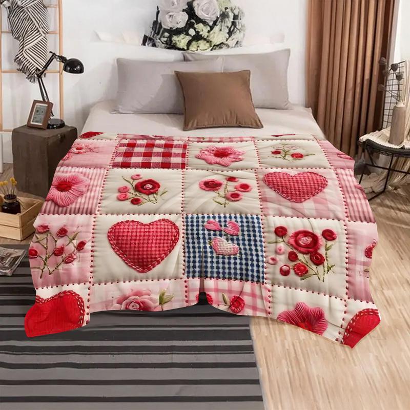 Valentine's Day Heart Plaid Digital Print Flannel Blanket, Soft Comfortable Sofa Bed Throw, Office Nap Shawl, Outdoor Sports Multi-Purpose Blanket
