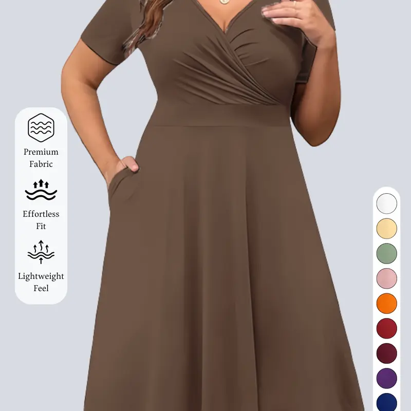 New for Spring and Summer Women's V-Neck Solid Color Casual Dress Side Pockets A-Line Knee-Length Dress