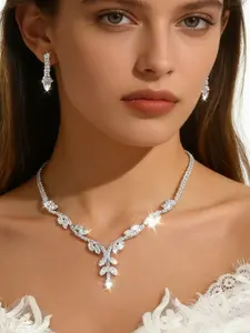 Luxury Zircon Leaf Necklace Earrings Set, Full Diamond Branch Design, Elegant Evening Lockbone Chain Studs, Perfect Gift for Her