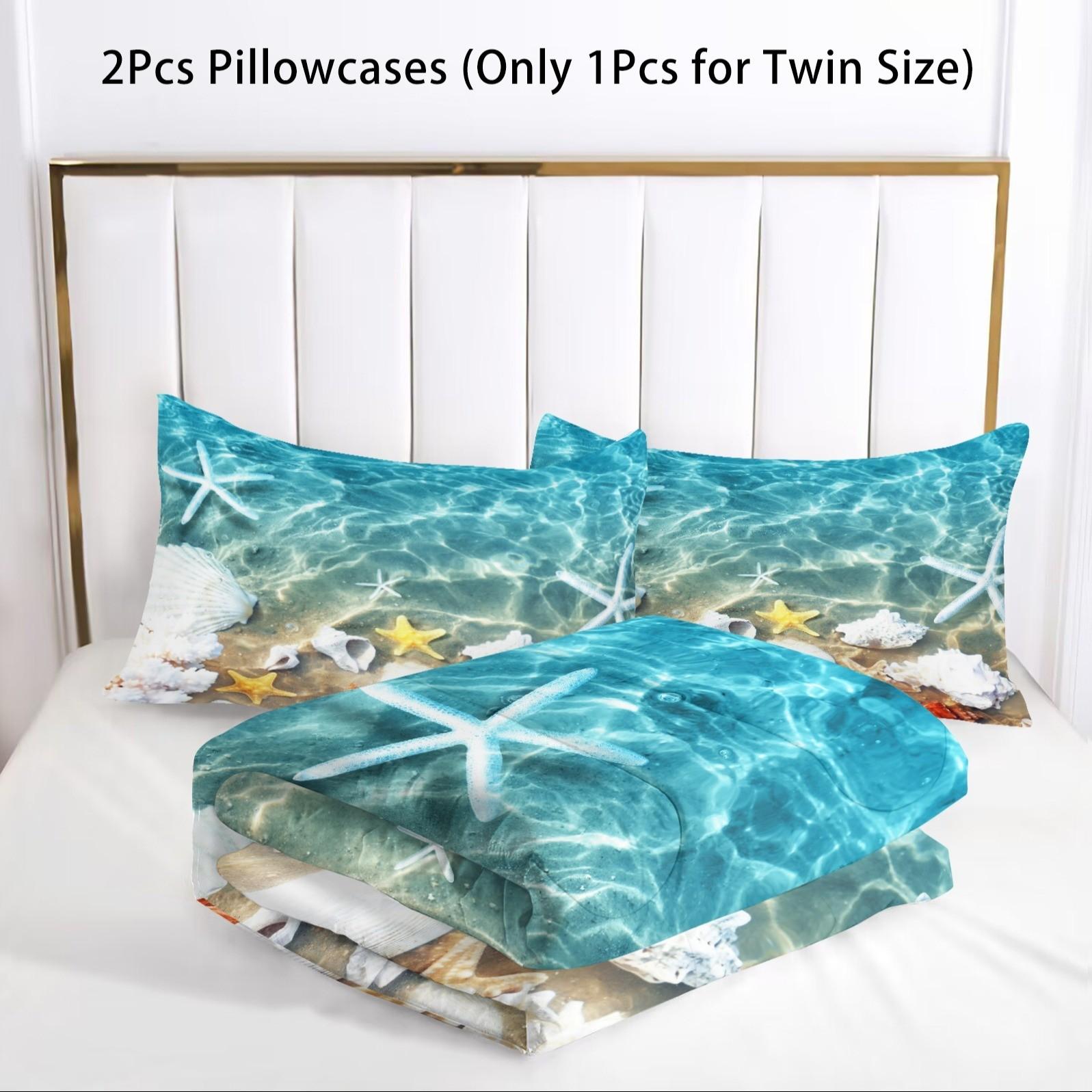 3pcs Bedding Set with Quilt and Pillowcase, Starfish and Shell Print, Comfortable and Breathable, Suitable for Adults, Teens, Kids