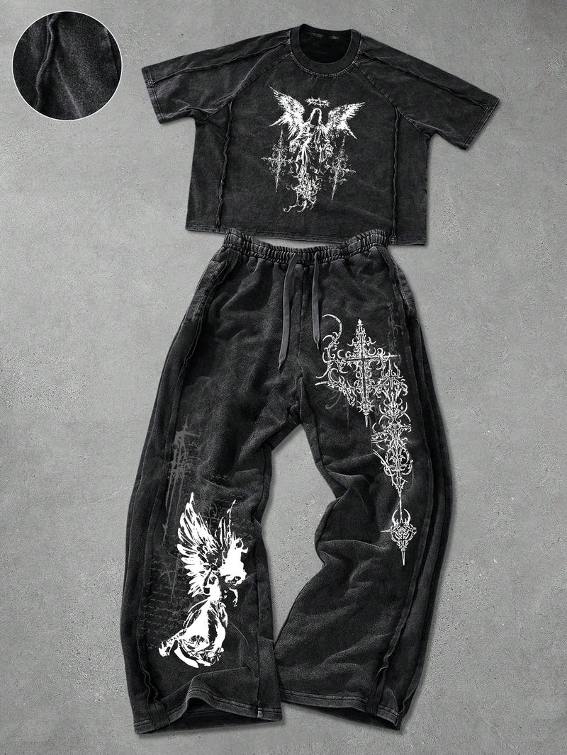 Men's Street Style Cotton Short Sleeve T-Shirt & Wide Leg Pants Set, Casual Y2K Fashion, Daily Wear, Holiday Gift, Sportswear