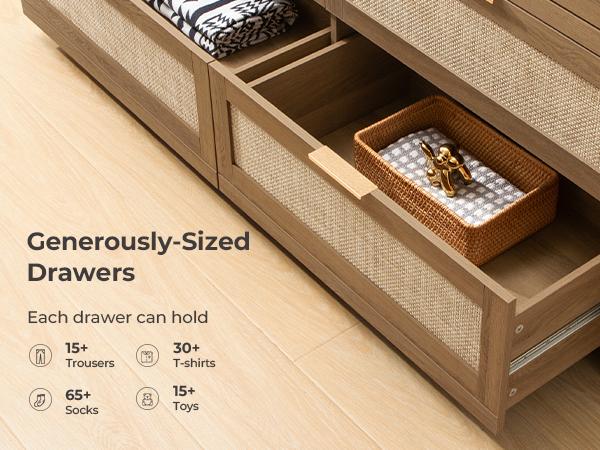 SICOTAS 7 Drawer Dresser for Bedroom, 57" Wide Rattan Dressers for Nursery, Living Room TV Stand, Boho Closet Organizer Chests of Drawer, Clothes Storage Chest, Versatile Usage for Every Room, Durable