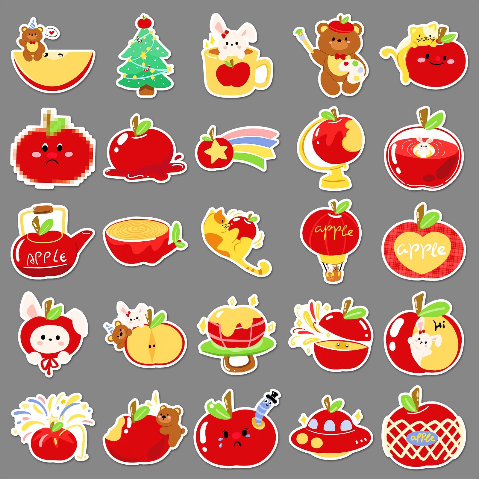 50pcs Cute Apple Stickers, Kawaii Apple Waterproof Vinyl Decals, Cartoon Fruit Stickers for Laptop, Water Bottle, Luggage, DIY Scrapbook, Journal