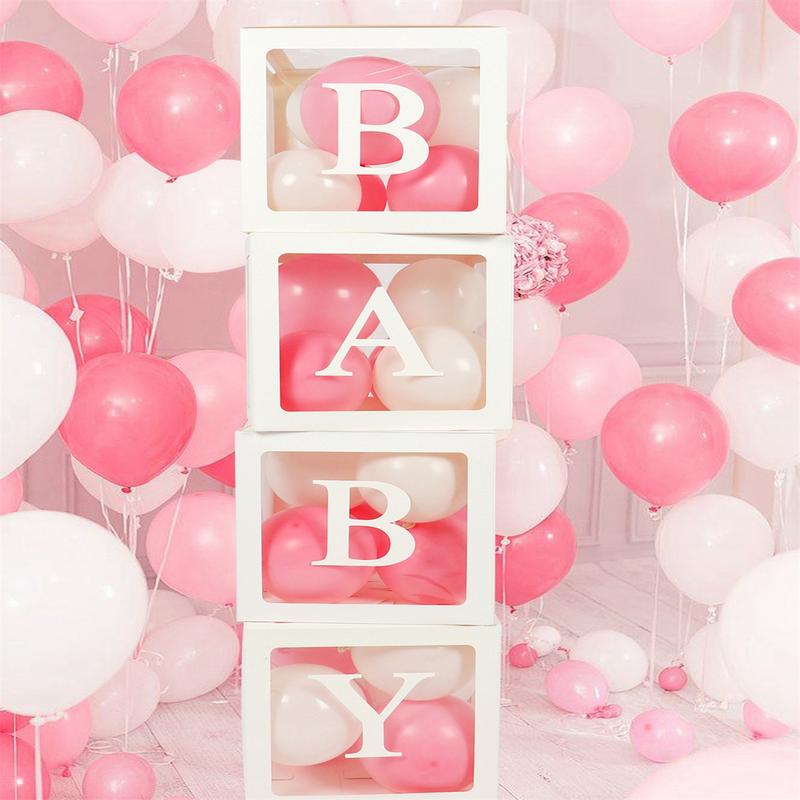 27cm Baby Paper Balloon Box Baby Boxes With 4 pcs Letters,White Clear Balloon Box Blocks for Baby Shower Gender Reveal Decoration,Kids Birthday Party Decor