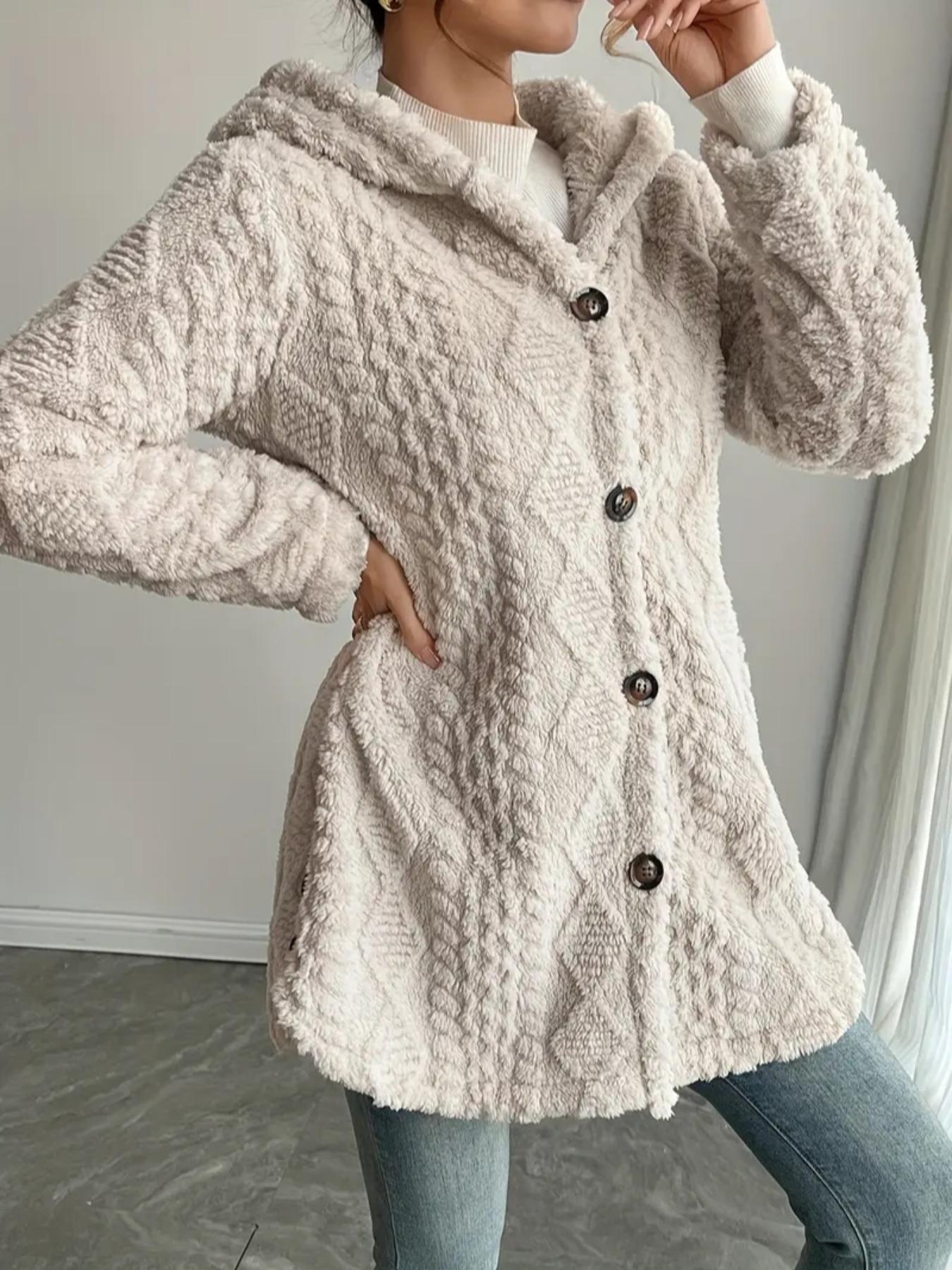 Women's Fall Winter Warm Hooded Plush Jacket, Soft Textured Button Front Coat, Casual Loose Fit Outerwear for Daily Wear