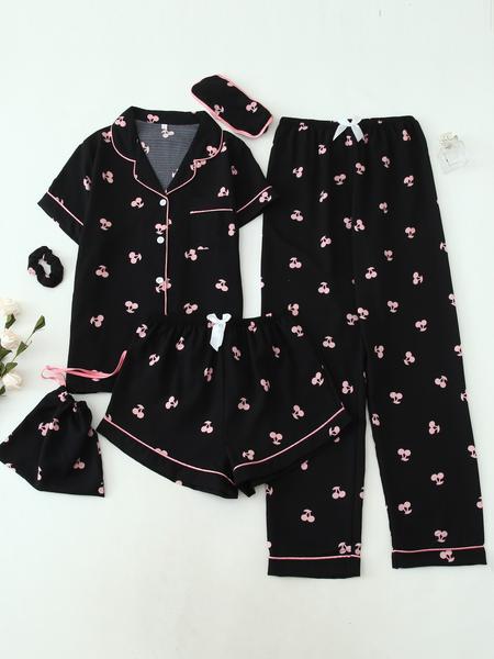 Women's All Over Print Top & Shorts & Pants & Accessories Pyjama Set, Casual Comfy Pj Set, Ladies Sleepwear for All Seasons Pajamas