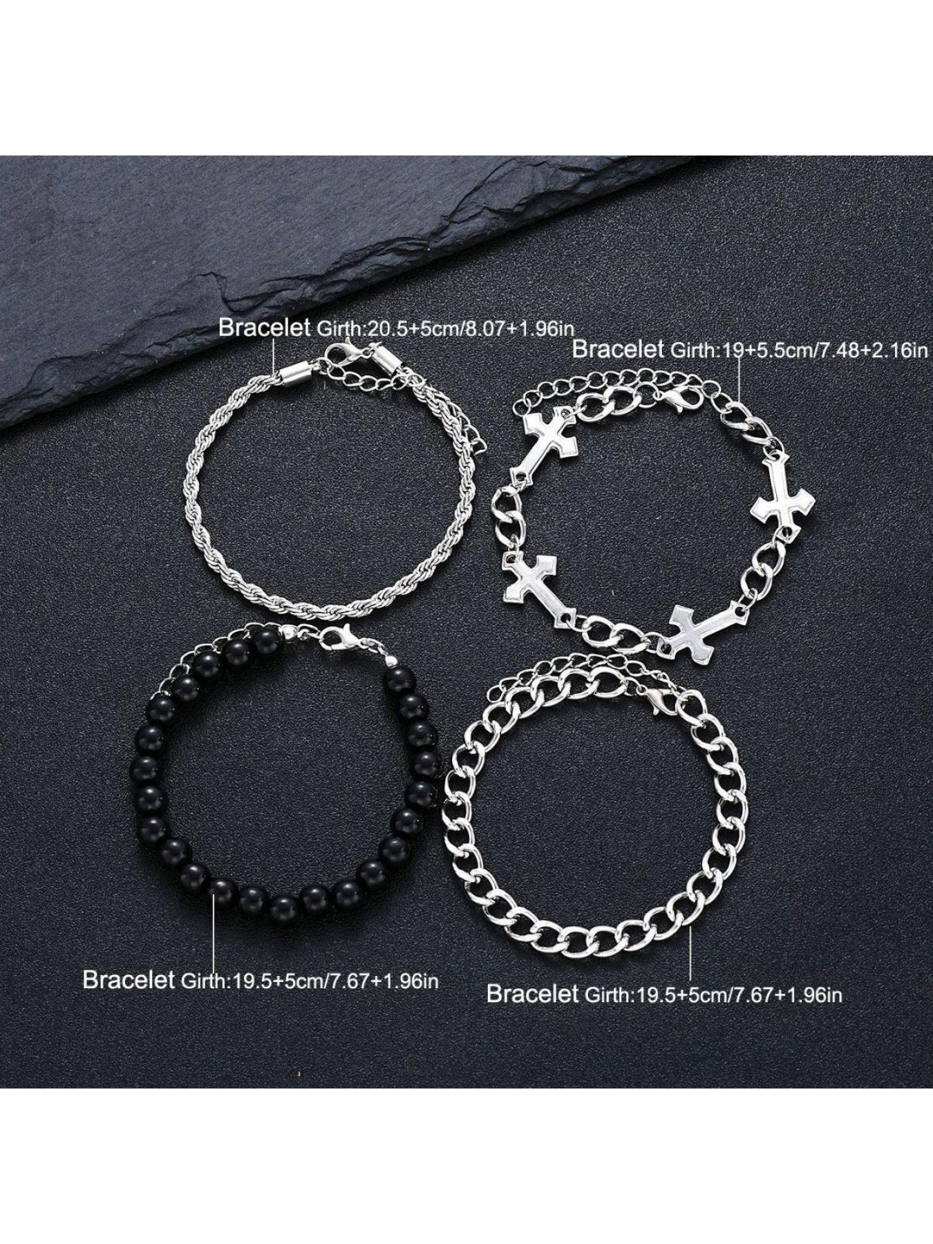 Stylish Dark Series Cross Charm Bead Bracelets 4 Packs Minimalist Layering Bracelet Set Premium Stainless Steel Unisex Holiday Gift Idea