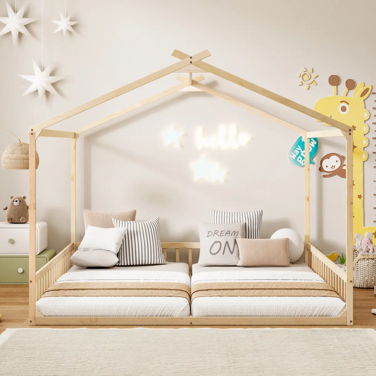  [Bellemave] Double Twin House-Shaped Floor Bed with Safety Guardrails, Without Door, No Box Spring Needed, Easy Assembly
