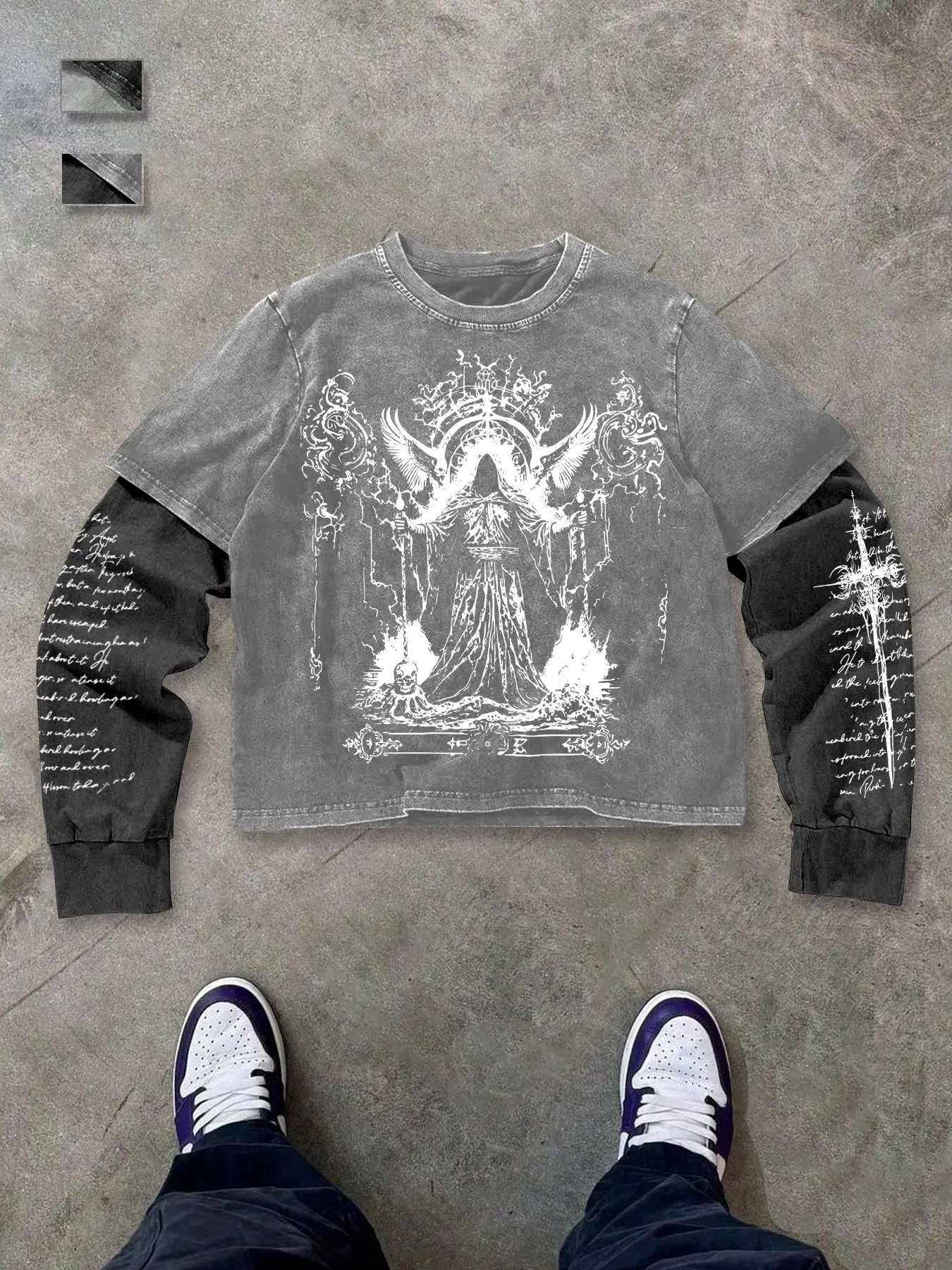 Men's Opium Style Acid Wash Double Layer Long Sleeve Crewneck T