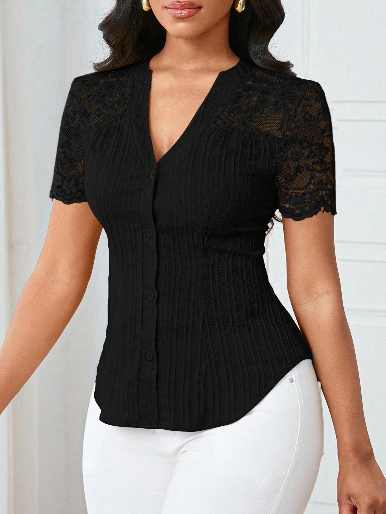 Women's Solid Color Simple Fitted Commuter Casual Shirt Summer Style, Ladies Plain Design Office Wear, Comfortable and Stylish Blouse