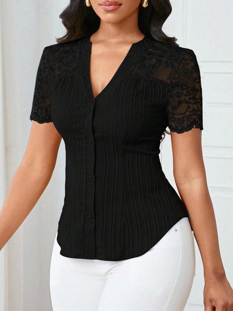 Valentine's Day Women's Solid Color Simple Commuter Casual Shirt Summer Style, Ladies Plain Design Office Wear, Comfortable and Stylish Blouse