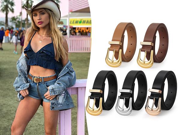 JASGOOD Women's Western Belt Vintage Black Leather Waist Belt with Gold Buckle for Pants Jeans