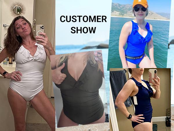 Holipick Women's Ruffle One Piece Swimsuits Tummy Control Bathing Suit V Neck Swimwear Slimming for Teen Girls