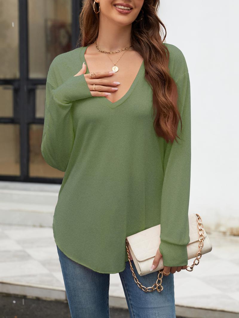 Renaishow Womens Deep V Neck Tunic Tops Long Sleeve Oversized Casual Loose Fit Curved Hem T Shirts with Thumb Holes Blouses Light Breathable Solid Renaishow Womens Deep V Neck Tunic Tops Long Sleeve Oversized Casual Loose Fit Curved Hem T Shirts with Thumb Holes Blouses Light Breathable Solid
