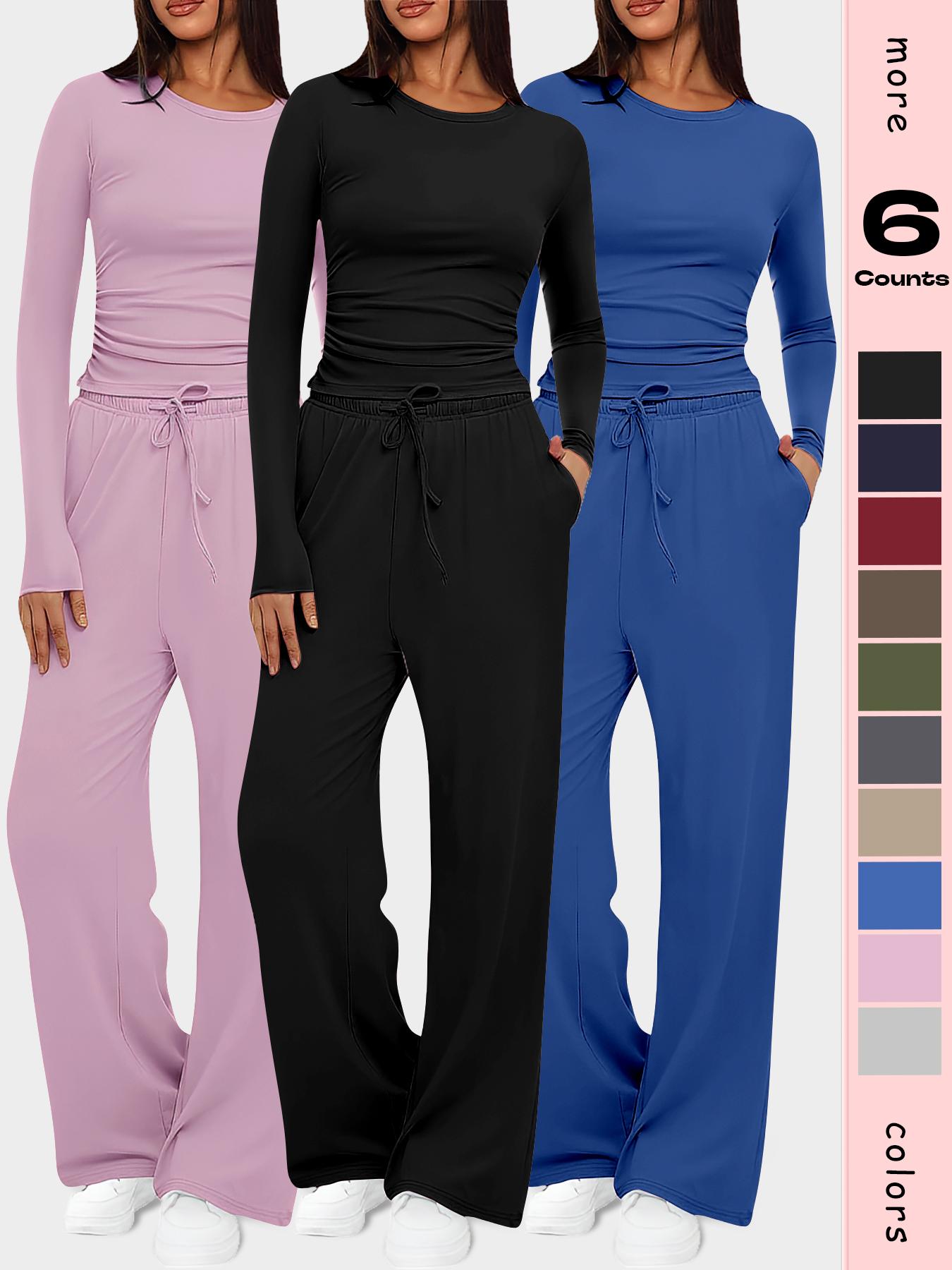 Women's 2-Piece Set Autumn and Winter Loungewear Sets, Ruched Fitted Long Sleeve Tops & High Waisted Wide Leg Pants