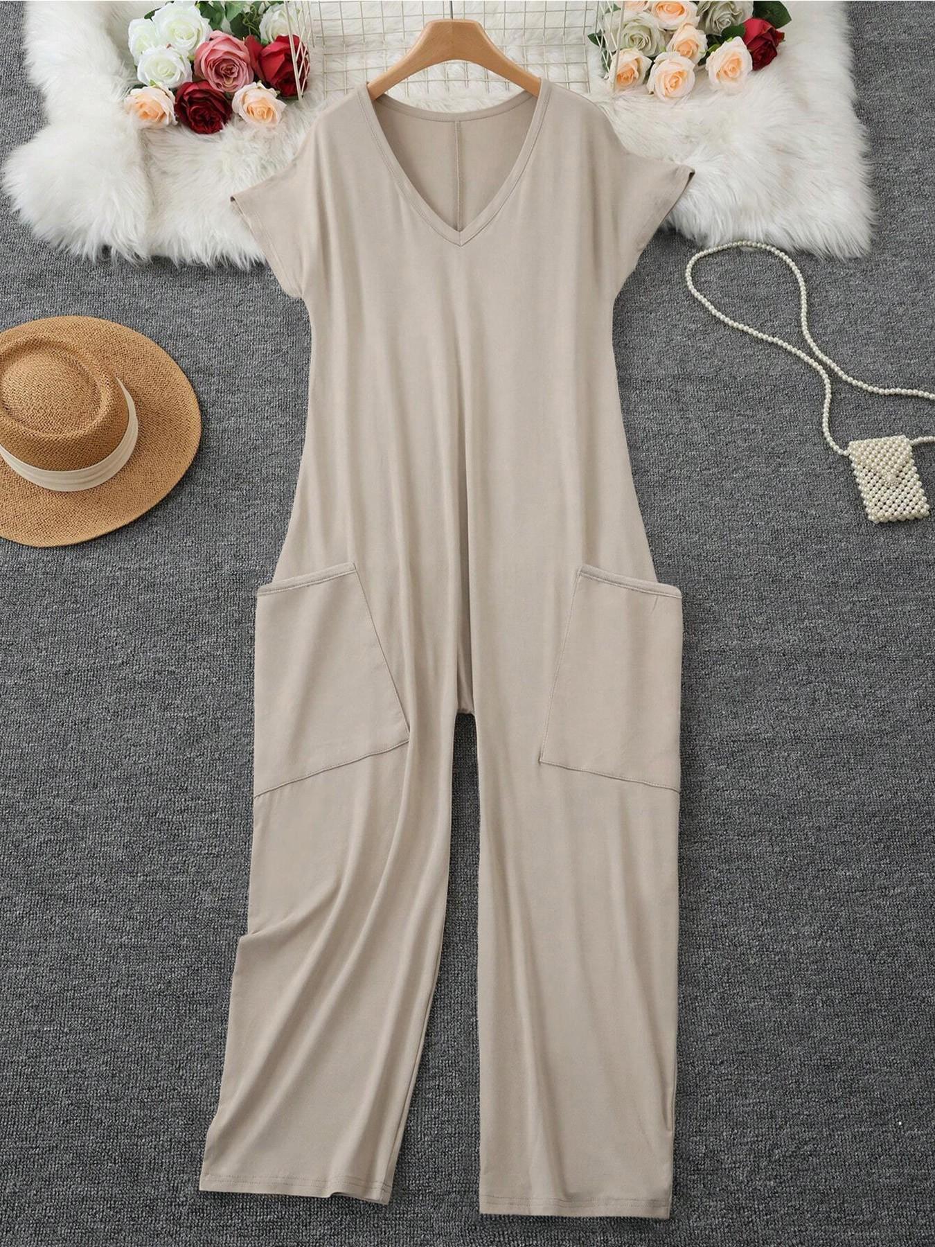 2026 Women's Casual Oversized Jumpsuit, Casual Jumpsuits, Short-Sleeve Batwing V-Neck Harem Pants With pockets, Loose Fit Wide Leg, Perfect for All Seasons, Stylish & Comfortable，Suitable for Daily Home Wear and Fashionable for Outings