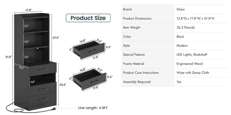Sikaic  LED Tall Nightstand with Charging Station 3 Drawers And Bookshelf Adjustable Dressing Table Makeup Dressing Desk