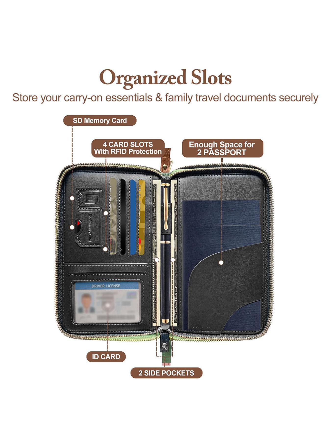 Unisex Zippered Passport Holder, Leather Travel Wallet with 2 Passport Slots, Multi-Card Organizer for Family Travel, International Trip & Gift