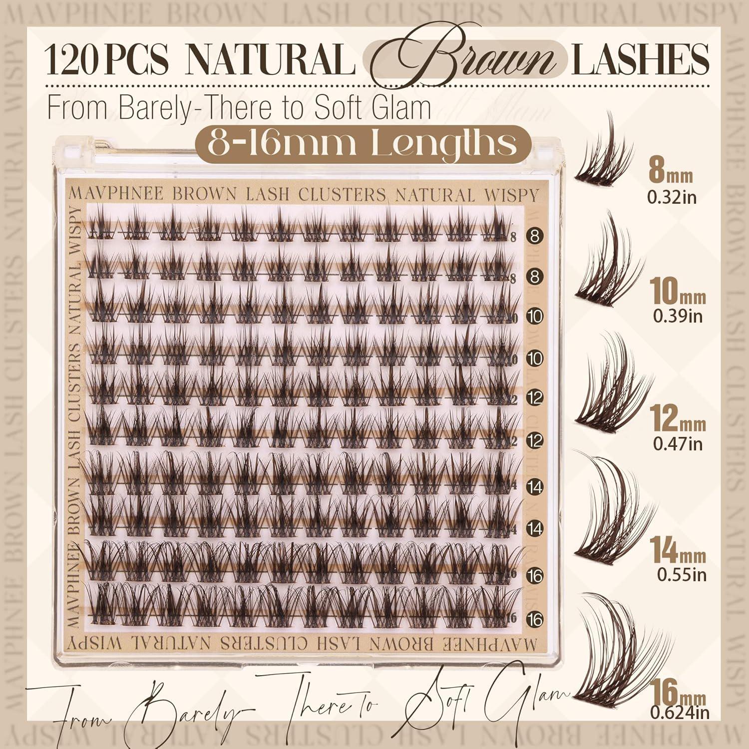 120 Lash Clusters, Natural Wispy Eyelashes, Mixed Lengths 8-16mm, D Curl, Fluffy, Transparent Band, DIY False Eyelashes, DIY Eyelash Extensions