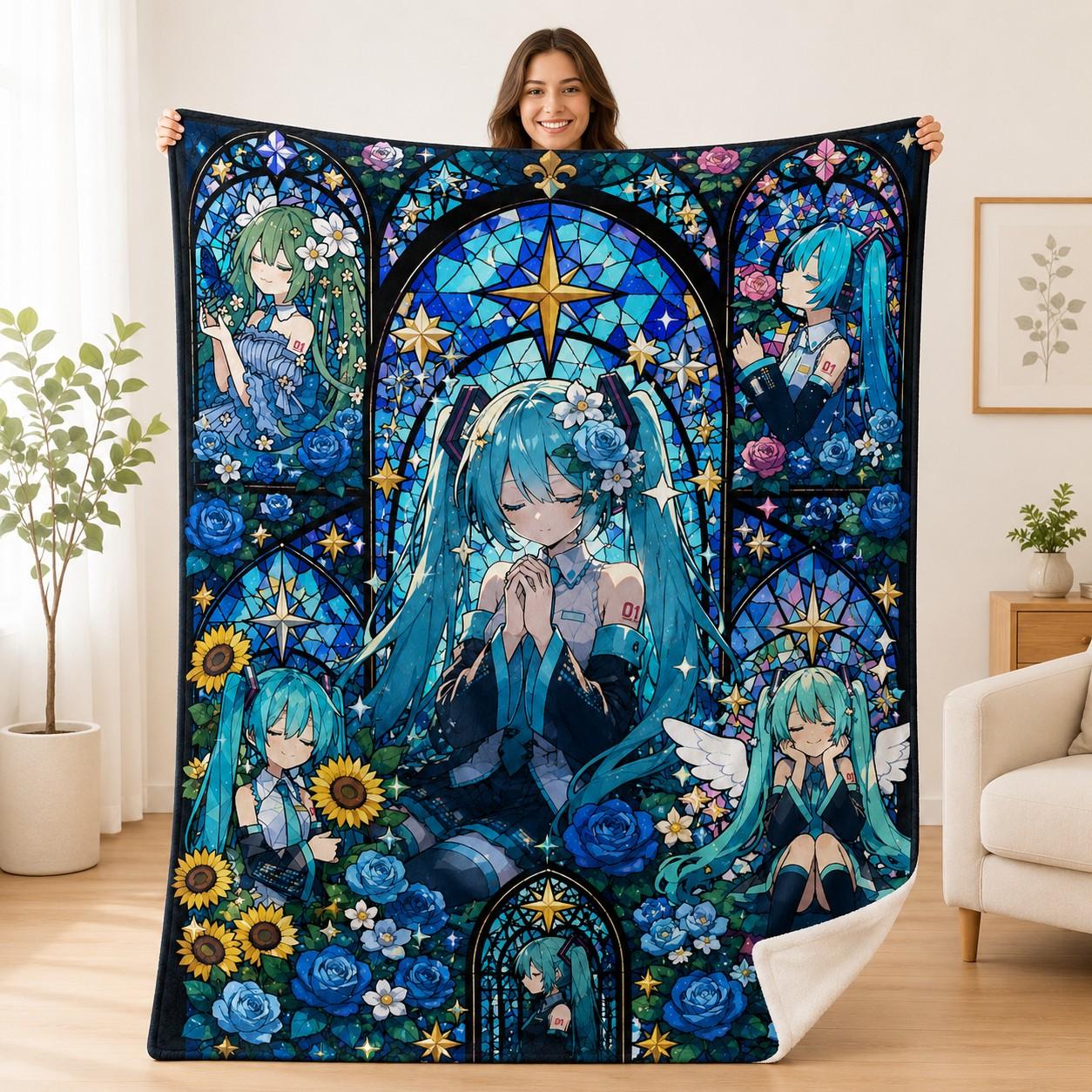 Hatsune Miku Vocaloid Flannel Blanket, Blue Rose Stained Glass Anime Throw for Bed Sofa, Soft Cozy Room Decor Gift for Fans