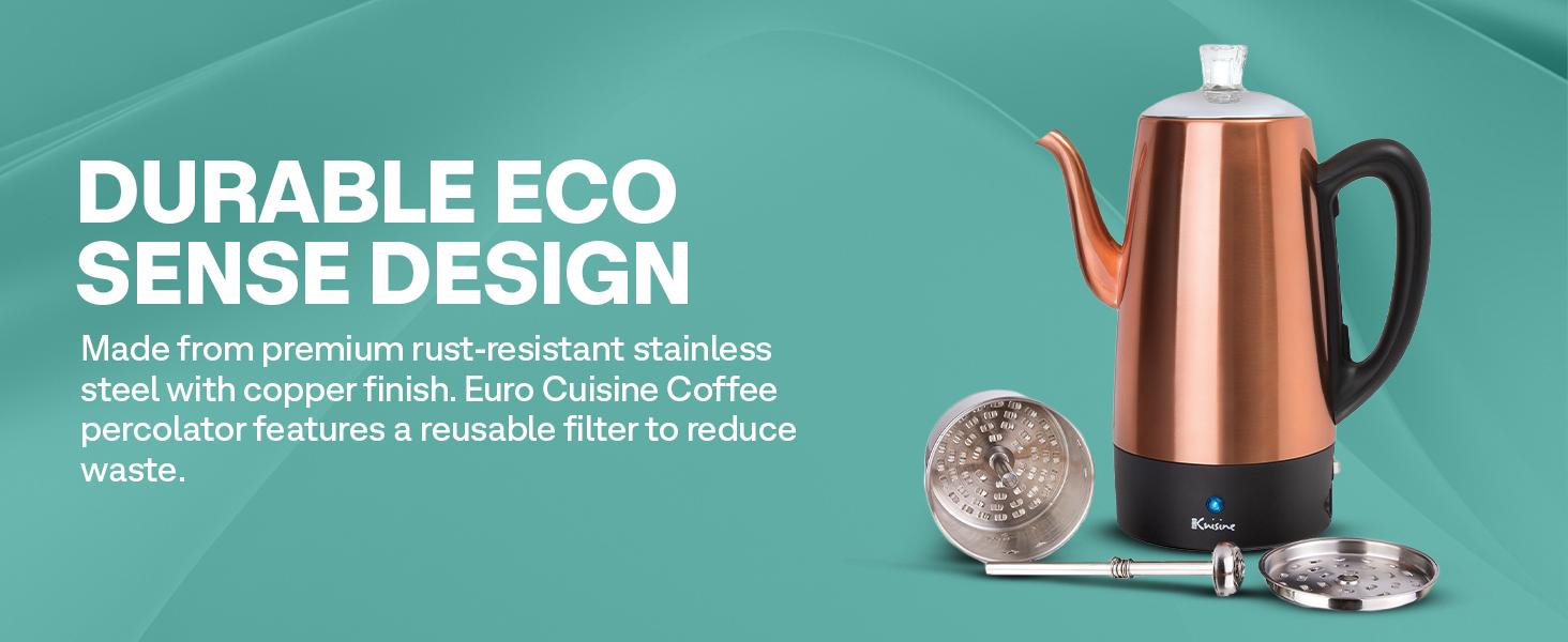PER12 Stainless Coffee Percolator, 12 Cup, Polished Copper Finish, Gooseneck Spout, Clear Knob, Brewing Indication, Keep-Warm Function, Detachable Cord PER12 Stainless Coffee Percolator, 12 Cup, Polished Copper Finish, Gooseneck Spout, Clear Knob, Brewing Indication, Keep-Warm Function, Detachable Cord