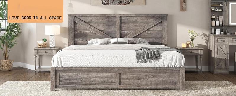 VanAcc Farmhouse Bed Frame with 49.2" Barn Door Headboard, Platform Bed Frame with Wood Slats, Under Bed Storage Space, Noisy Free, Easy Assembly