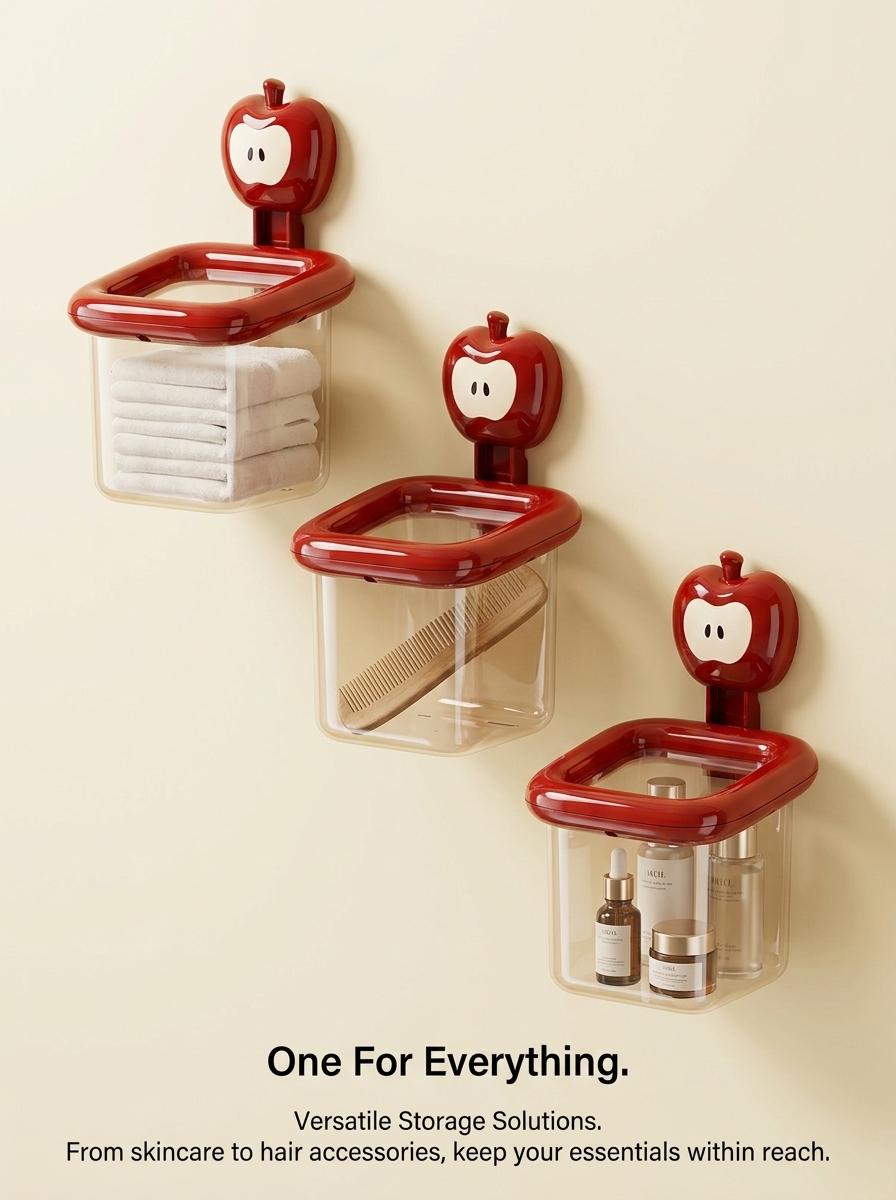 Cute Apple Wall Organizer Box| Clear No-Drill Bathroom Storage Caddy| Minimalist Vanity Decor