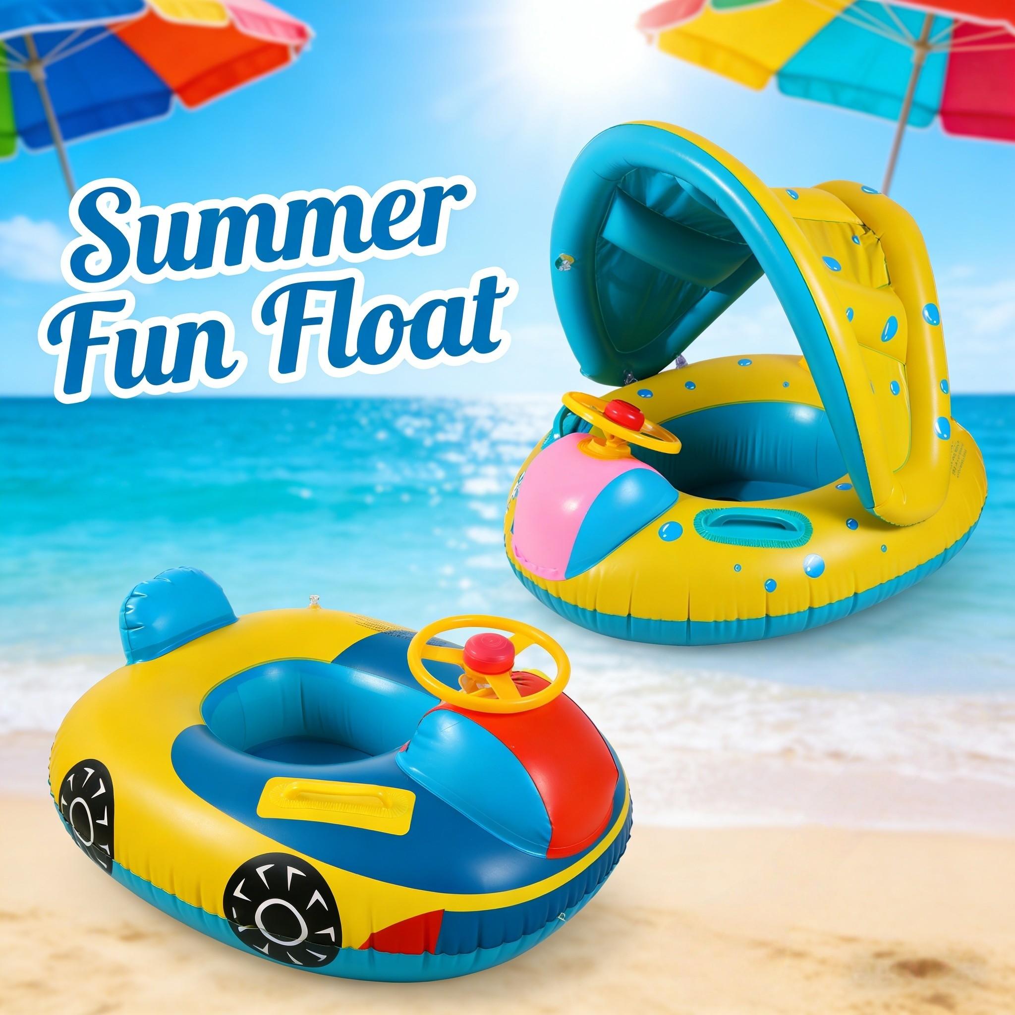 Bubble Print Shaded Inflatable Pool Float with Steering Wheel, Sun Protection, Interactive Driving Design, Thickened PVC, Fun Summer Water Play