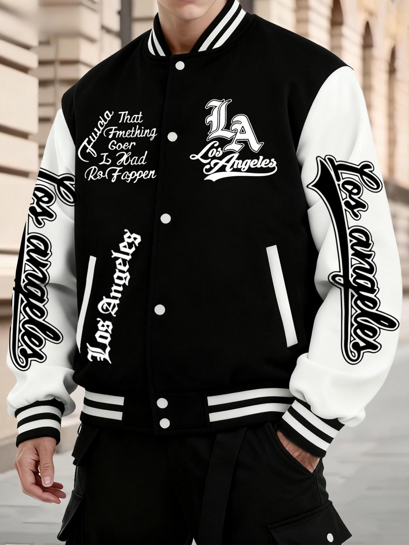 La Style Baseball Jacket, Los Angeles Print, Button Closure, Stretchy Fabric, All Seasons, Comfortable Outerwear, Casual Fitted Design
