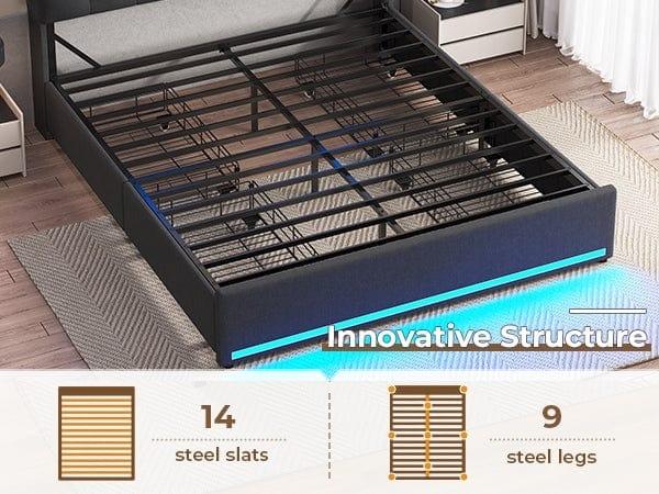 Sikaic Upholstered Platform Bed Frame with LED Lights & Charging Station Hidden Storage Headboard and 4 Drawers Linen Dark Grey Furniture Home Bedroom Bedframe