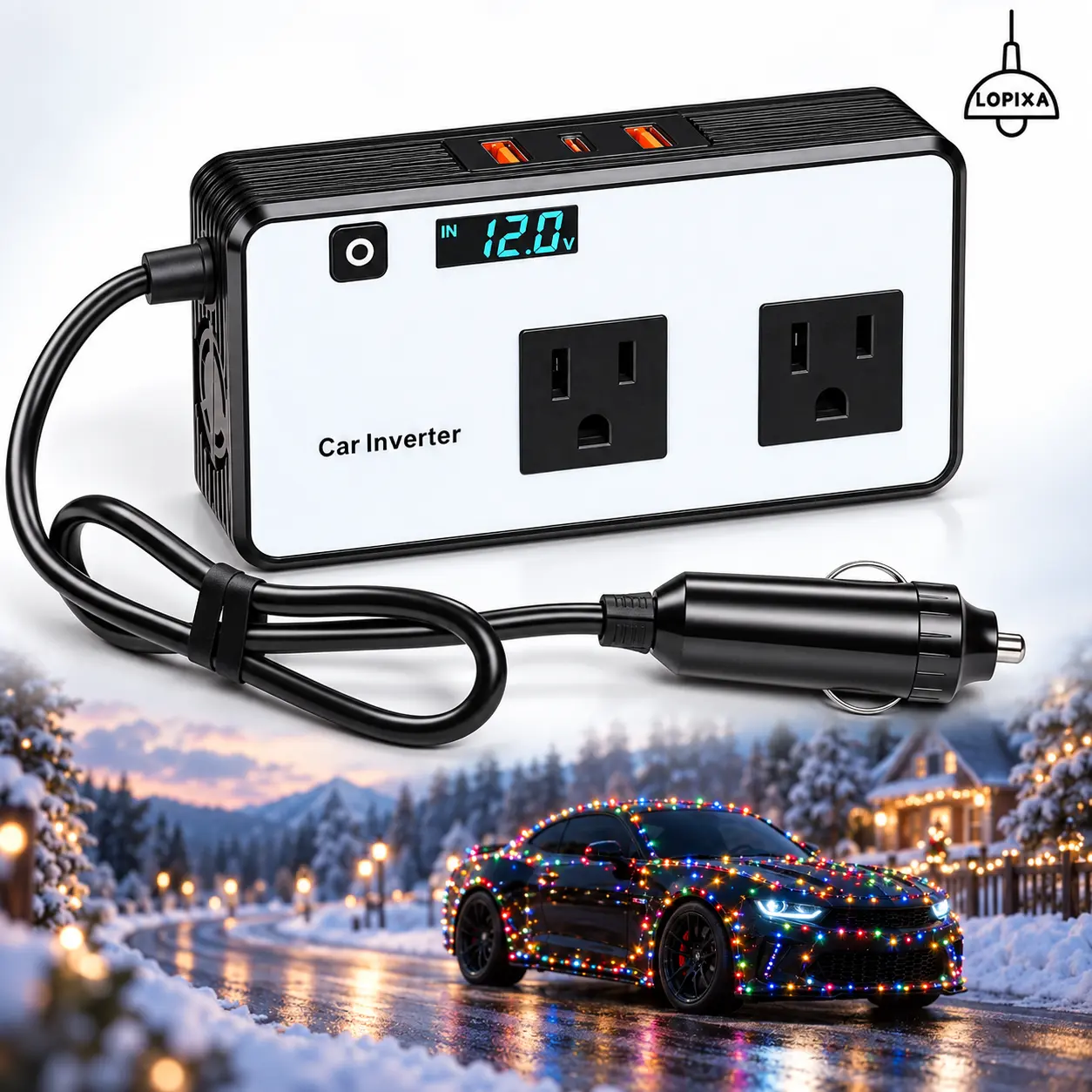 272W Car Power Inverter, 12V DC to 110V AC Converter with Dual AC Outlets, 3 × 24W USB Fast Charging Ports & LED Display, Car Plug Adapter for Laptop, Vehicles, Camping and Road Trips