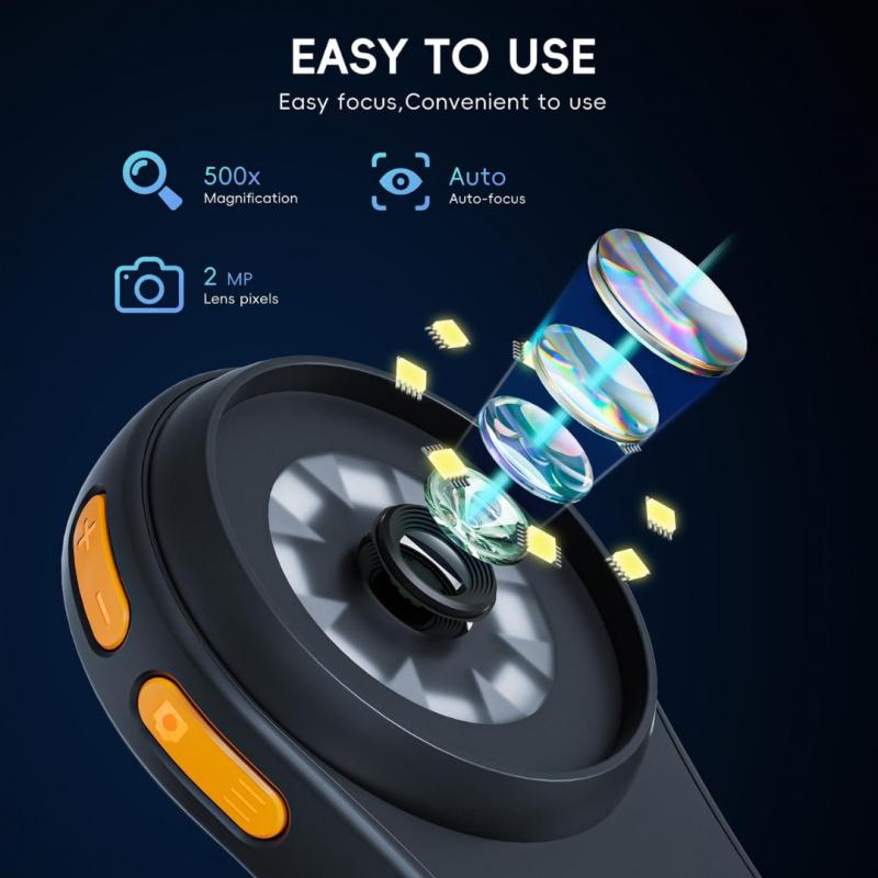 2-inch IPS screen 500x mini macro handheld digital microscope, fixed focal length, with 500x magnification, compatible with PC, portable pocket microscope, fun gift for students, LCD Digital Microscope