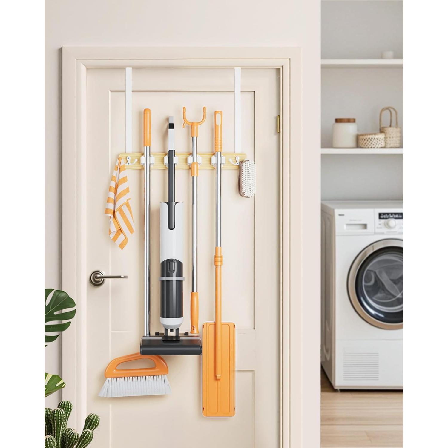 Mop and Broom Holder Wall Mount, No Drill Over the Door Broom and Mop Holder with 4 Slots and 4 Hooks, Tool Hanger for Laundry, Cabinet, Kitchen, Garage Mop and Broom Holder Wall Mount, No Drill Over the Door Broom and Mop Holder with 4 Slots and 4 Hooks, Tool Hanger for Laundry, Cabinet, Kitchen, Garage